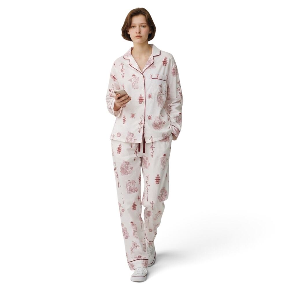 Vtg BedHead Pajamas Asian Calligraphy Print Cotton Lounge Set Red Cream Large